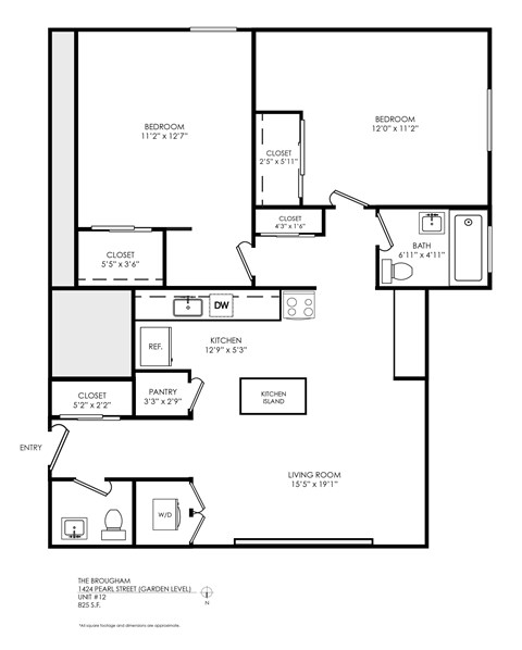 Floor plan for 2 beds, 1.5 baths, 825 sqft